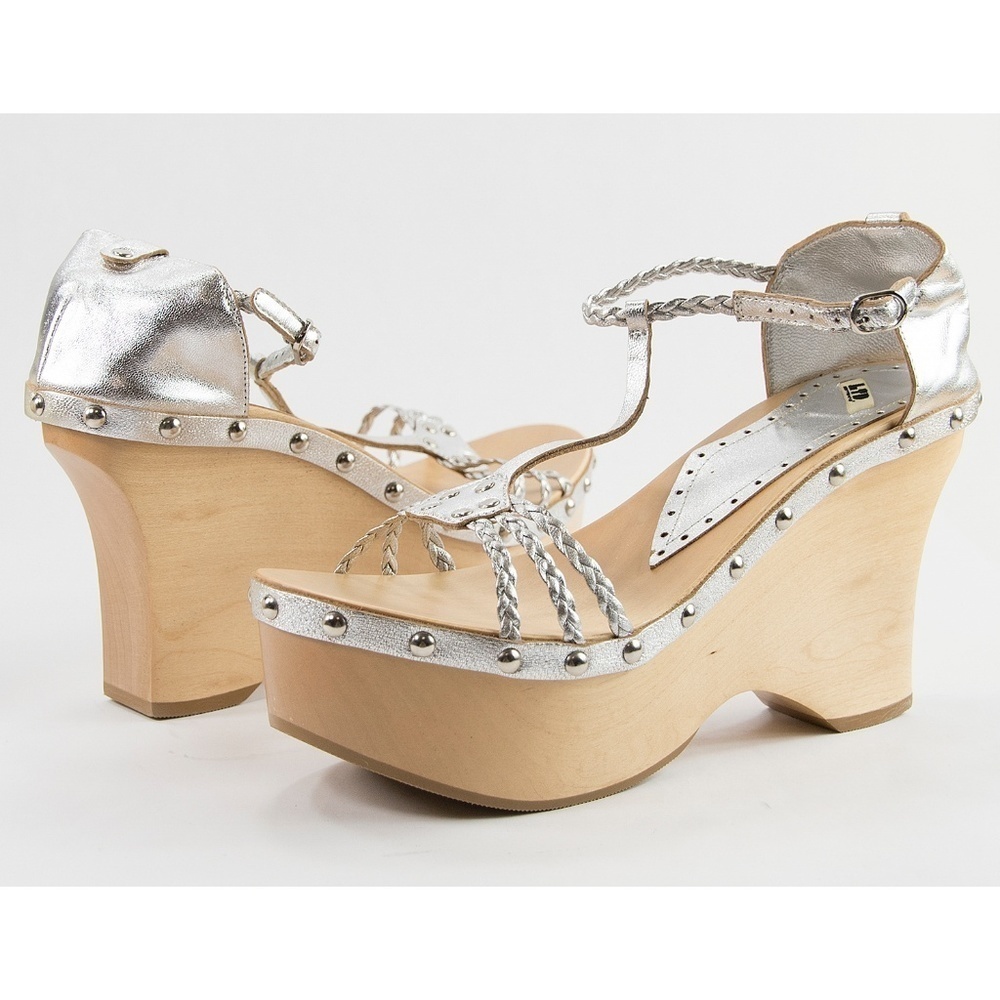 Fornarina Silver Italian Leather Wooden Wedges 39